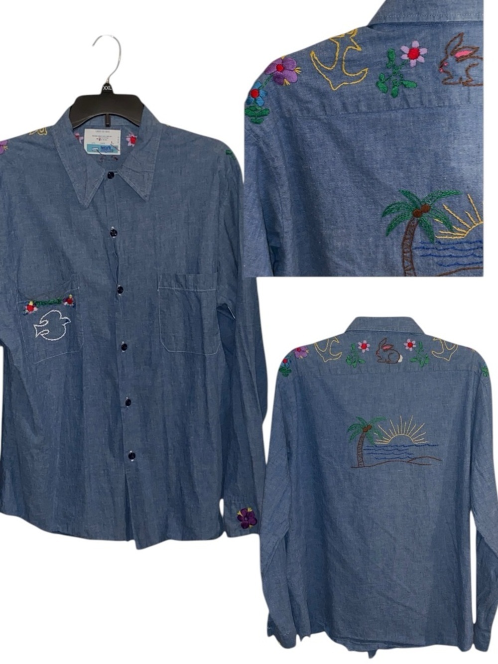 Vintage 70s Sears  embroidered chambray shirt Grandmacore Western Festival